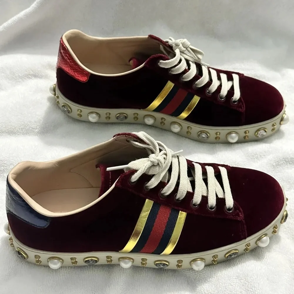 $1180 LkNEW GUCCI Burgundy Velvet New Ace Faux-Pearl Platform Sneakers RARE 37.5 - Picture 1 of 14